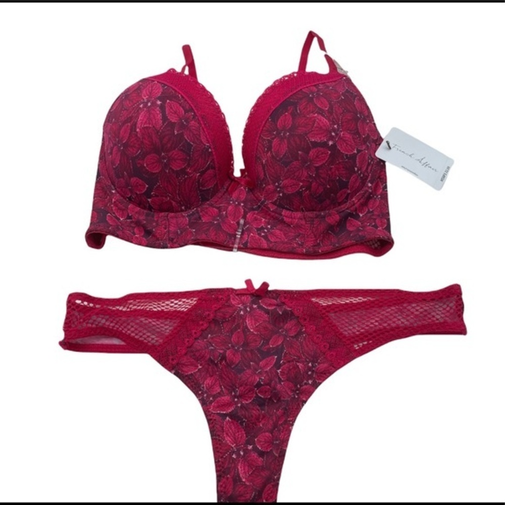 French Affair Red Floral Longline Push Up Bra and Thong Lingerie Set‎ NWT